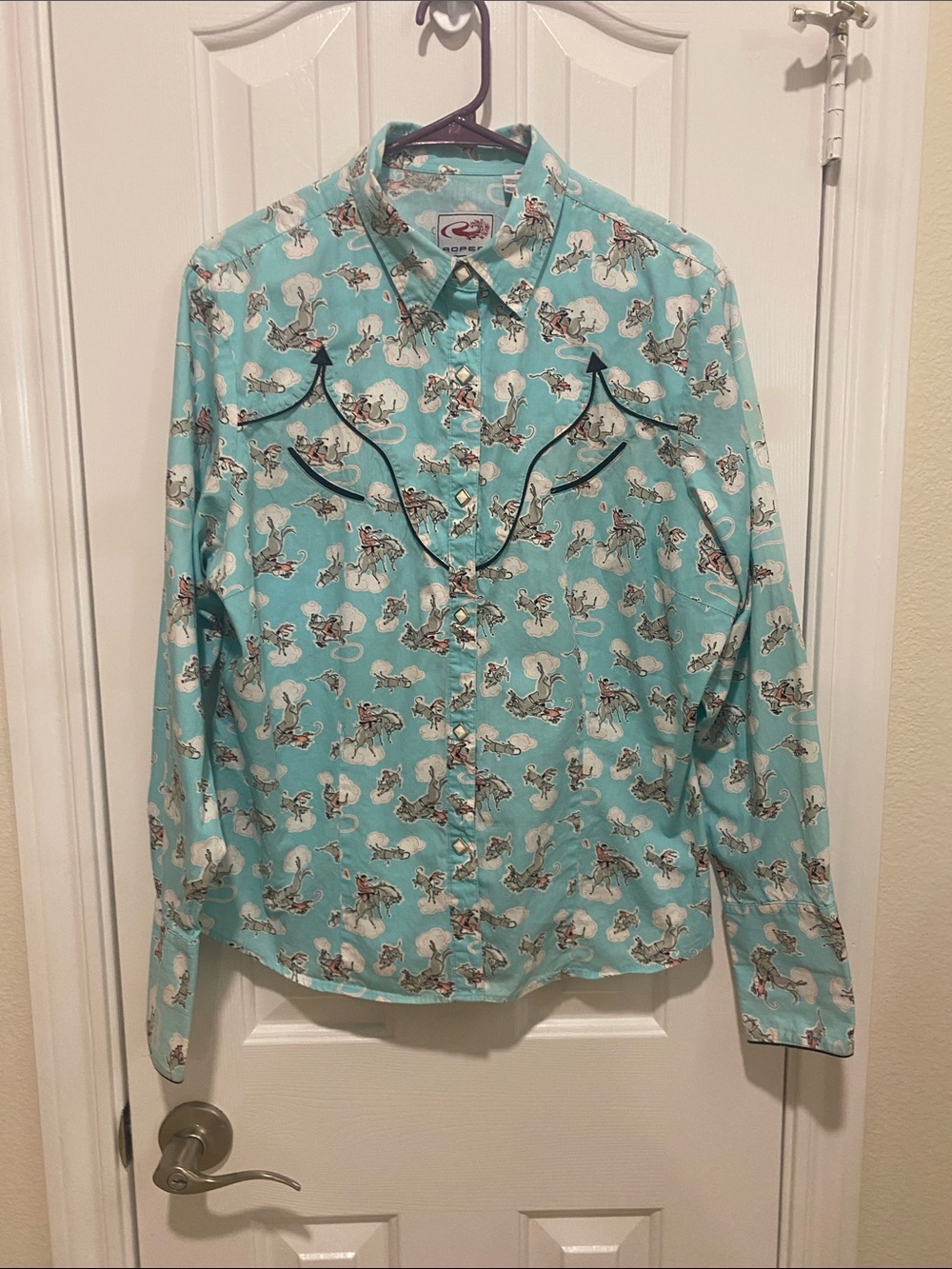 Vintage Roper Cowgirl Western Style Triangle Snap Shirt Aqua Size XL